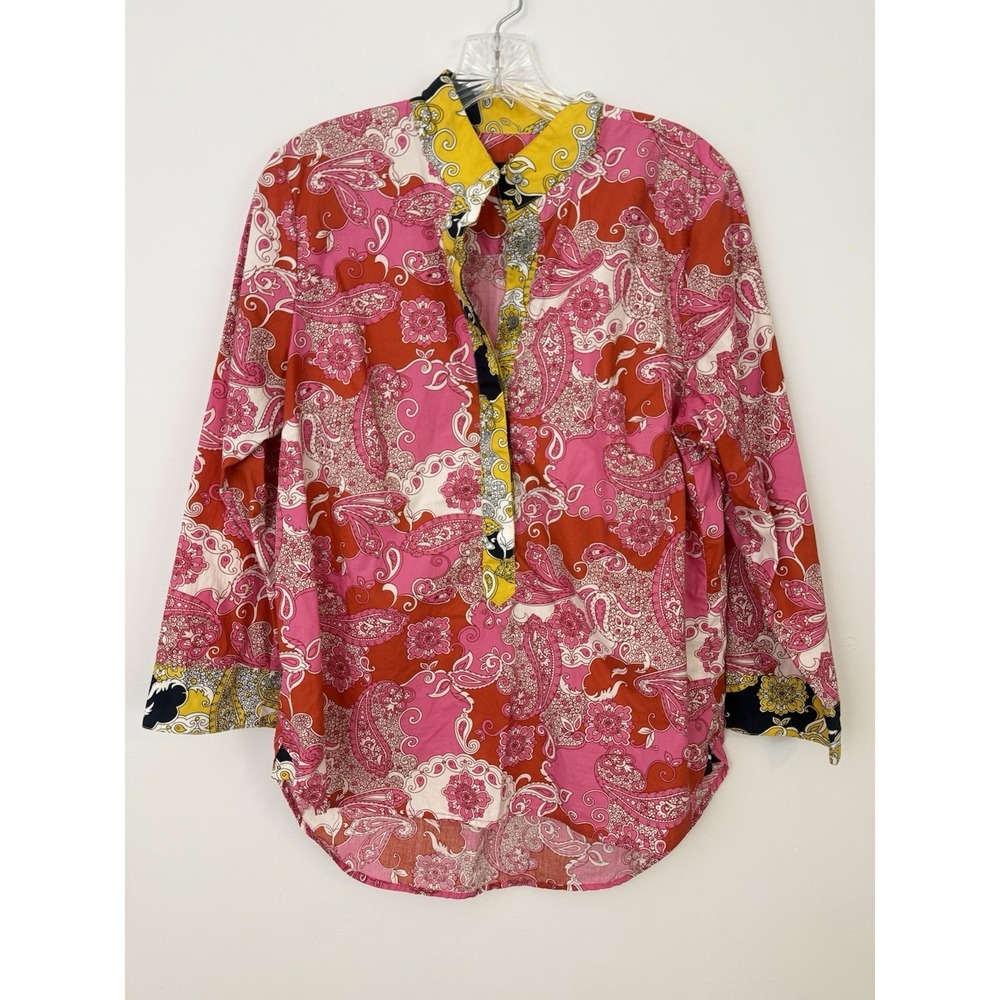 J CREW Paisley Button Henley Shirt TOP Small Pink Tunic Preppy Contrast Cuff